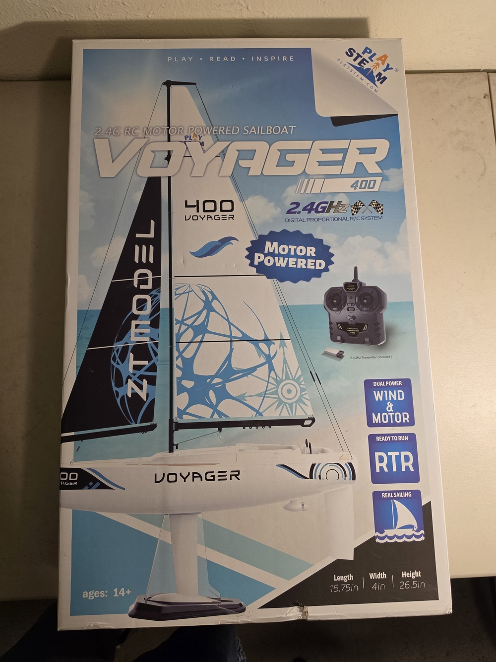 PLAYSTEM Voyager 400 RC Controlled Wind Powered Sailboat in Blue - 26" New Open